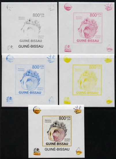 Guinea - Bissau 2009 Shells & Coral individual deluxe sheet #3 - the set of 5 imperf progressive proofs comprising the 4 individual colours plus all 4-colour composite, unmounted mint 