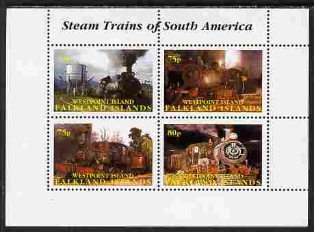 Westpoint Island (Falkland Islands) 2001 Steam Trains of South America perf sheetlet containing 4 values unmounted mint. Note this item is privately produced and is offered purely on its thematic appeal, it has no postal validity