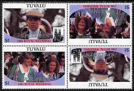 Tuvalu 1986 Royal Wedding (Andrew & Fergie) $1 perf tete-beche block of 4 (2 se-tenant pairs) overprinted SPECIMEN in silver (Italic caps 26.5 x 3 mm) unmounted mint SG 399-400s from Printer's uncut proof sheet