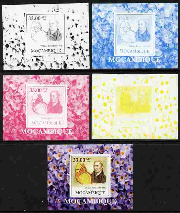 Mozambique 2009 William Kirby Butterflies & Insects #3 individual deluxe sheetlet - the set of 5 imperf progressive proofs comprising the 4 individual colours plus all 4-colour composite, unmounted mint 