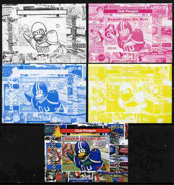 Mali 2010 Olympic Games - Disney Club Penguin #2 individual deluxe sheetlet - the set of 5 imperf progressive proofs comprising the 4 individual colours plus all 4-colour composite, unmounted mint 
