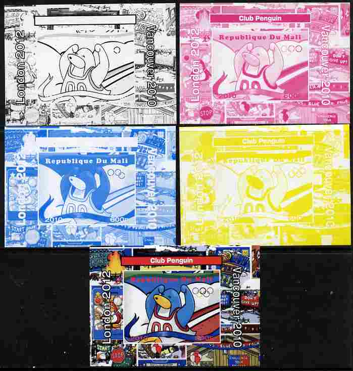 Mali 2010 Olympic Games - Disney Club Penguin #4 individual deluxe sheetlet - the set of 5 imperf progressive proofs comprising the 4 individual colours plus all 4-colour composite, unmounted mint 