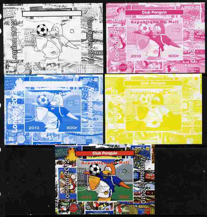 Mali 2010 Olympic Games - Disney Club Penguin #6 individual deluxe sheetlet - the set of 5 imperf progressive proofs comprising the 4 individual colours plus all 4-colour composite, unmounted mint 