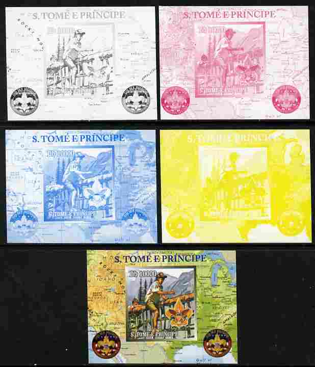 St Thomas & Prince Islands 2010 Centenary of Scouting in America #1 individual deluxe sheetlet - the set of 5 imperf progressive proofs comprising the 4 individual colours plus all 4-colour composite, unmounted mint 