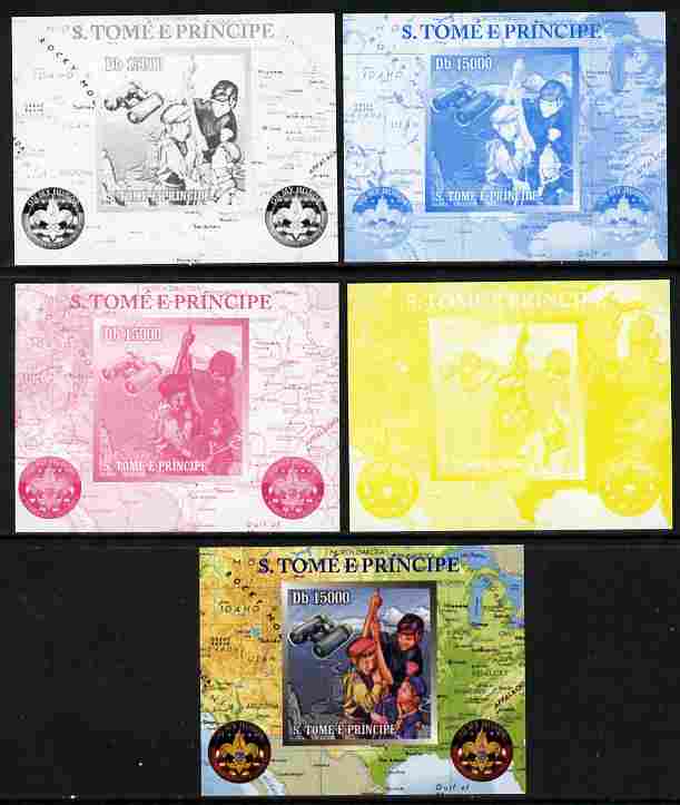 St Thomas & Prince Islands 2010 Centenary of Scouting in America #2 individual deluxe sheetlet - the set of 5 imperf progressive proofs comprising the 4 individual colours plus all 4-colour composite, unmounted mint 