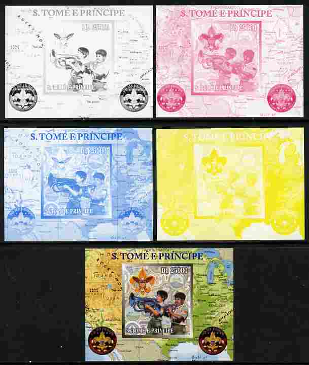 St Thomas & Prince Islands 2010 Centenary of Scouting in America #3 individual deluxe sheetlet - the set of 5 imperf progressive proofs comprising the 4 individual colours plus all 4-colour composite, unmounted mint 