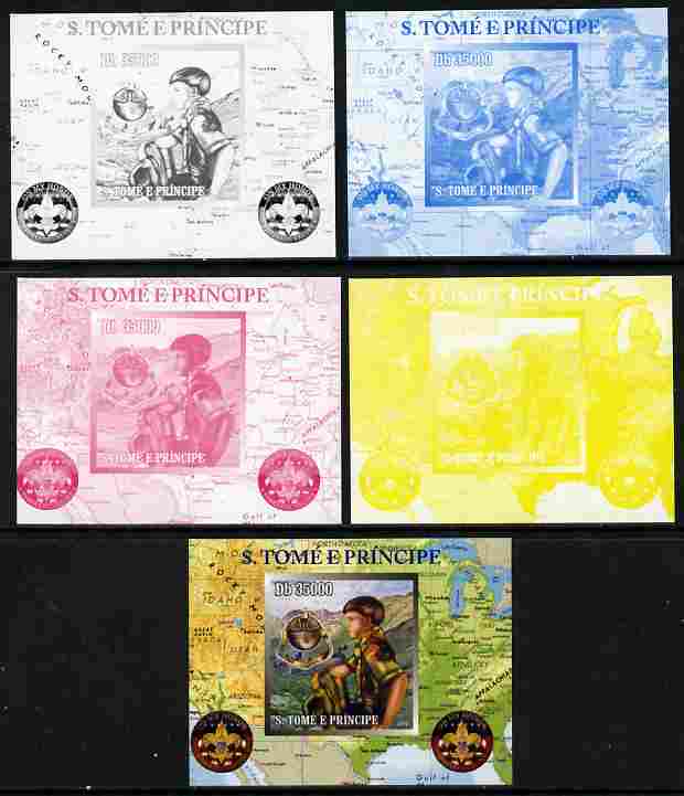 St Thomas & Prince Islands 2010 Centenary of Scouting in America #5 individual deluxe sheetlet - the set of 5 imperf progressive proofs comprising the 4 individual colours plus all 4-colour composite, unmounted mint 