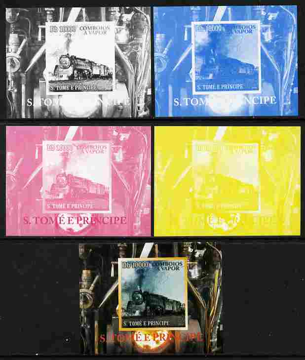 St Thomas & Prince Islands 2010 African Steam Trains #1 individual deluxe sheetlet - the set of 5 imperf progressive proofs comprising the 4 individual colours plus all 4-colour composite, unmounted mint 