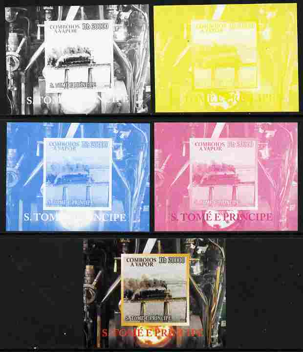 St Thomas & Prince Islands 2010 African Steam Trains #3 individual deluxe sheetlet - the set of 5 imperf progressive proofs comprising the 4 individual colours plus all 4-colour composite, unmounted mint 