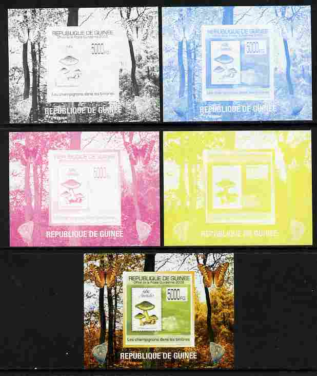 Guinea - Conakry 2009 Fungi on Stamps #1 individual deluxe sheetlet - the set of 5 imperf progressive proofs comprising the 4 individual colours plus all 4-colour composite, unmounted mint 