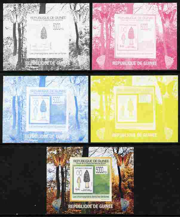 Guinea - Conakry 2009 Fungi on Stamps #2 individual deluxe sheetlet - the set of 5 imperf progressive proofs comprising the 4 individual colours plus all 4-colour composite, unmounted mint 