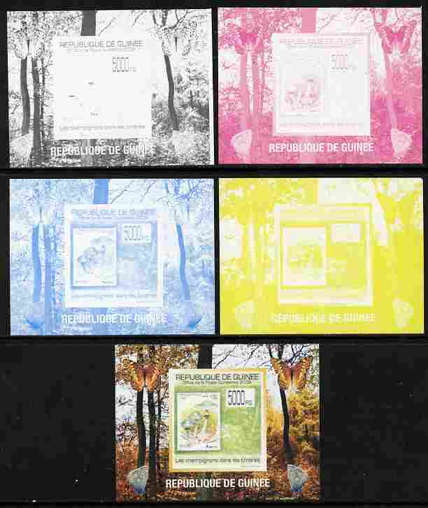 Guinea - Conakry 2009 Fungi on Stamps #3 individual deluxe sheetlet - the set of 5 imperf progressive proofs comprising the 4 individual colours plus all 4-colour composite, unmounted mint 