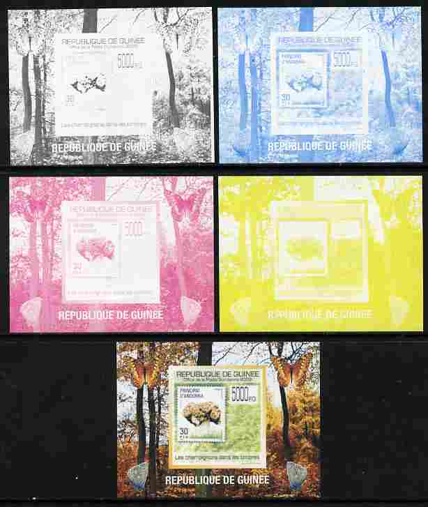 Guinea - Conakry 2009 Fungi on Stamps #6 individual deluxe sheetlet - the set of 5 imperf progressive proofs comprising the 4 individual colours plus all 4-colour composite, unmounted mint 