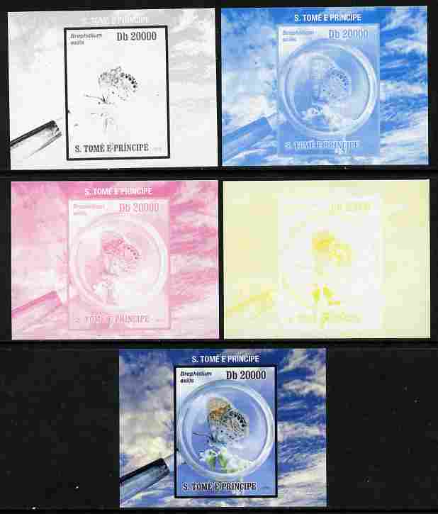 St Thomas & Prince Islands 2010 Butterflies #1 individual deluxe sheetlet - the set of 5 imperf progressive proofs comprising the 4 individual colours plus all 4-colour composite, unmounted mint 