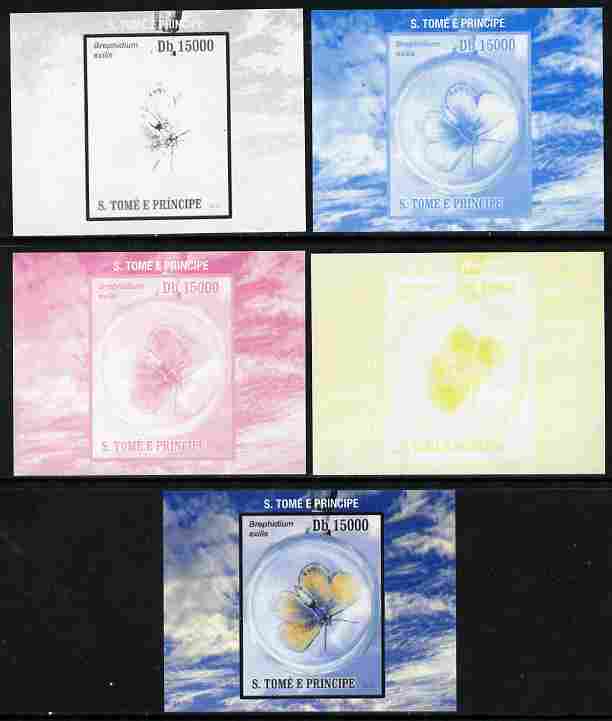 St Thomas & Prince Islands 2010 Butterflies #3 individual deluxe sheetlet - the set of 5 imperf progressive proofs comprising the 4 individual colours plus all 4-colour composite, unmounted mint 