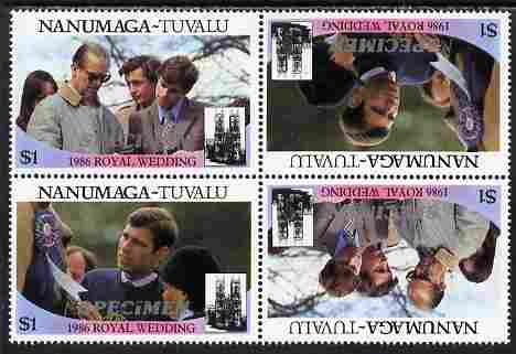 Tuvalu - Nanumaga 1986 Royal Wedding (Andrew & Fergie) $1 perf tete-beche block of 4 (2 se-tenant pairs) overprinted SPECIMEN in silver (Italic caps 26.5 x 3 mm) unmounted mint from Printer's uncut proof sheet