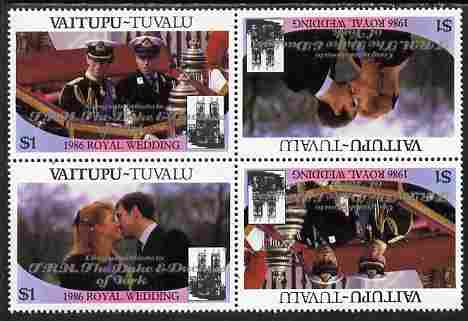 Tuvalu - Vaitupu 1986 Royal Wedding (Andrew & Fergie) $1 with 'Congratulations' opt in silver in unissued perf tete-beche block of 4 (2 se-tenant pairs) unmounted mint from Printer's uncut proof sheet