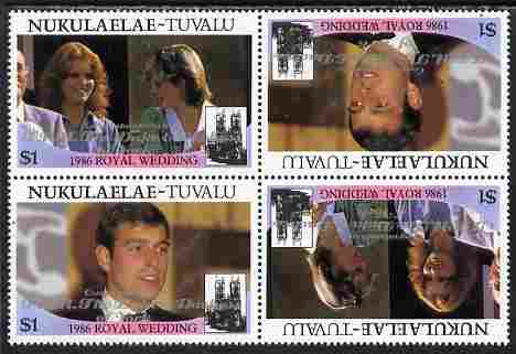 Tuvalu - Nukulaelae 1986 Royal Wedding (Andrew & Fergie) $1 with 'Congratulations' opt in silver in unissued perf tete-beche block of 4 (2 se-tenant pairs) unmounted mint from Printer's uncut proof sheet