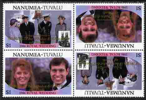 Tuvalu - Nanumea 1986 Royal Wedding (Andrew & Fergie) $1 with 'Congratulations' opt in gold in unissued perf tete-beche block of 4 (2 se-tenant pairs) unmounted mint from Printer's uncut proof sheet