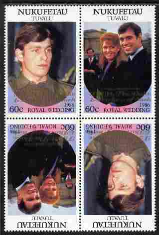 Tuvalu - Nukufetau 1986 Royal Wedding (Andrew & Fergie) 60c with 'Congratulations' opt in gold in unissued perf tete-beche block of 4 (2 se-tenant pairs) unmounted mint from Printer's uncut proof sheet
