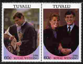 Tuvalu 1986 Royal Wedding (Andrew & Fergie) 60c with 'Congratulations' opt in gold se-tenant pair with overprint inverted unmounted mint from Printer's uncut proof sheet