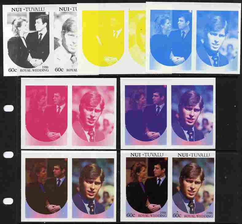 Tuvalu - Nui 1986 Royal Wedding (Andrew & Fergie) 60c set of 7 imperf progressive proofs comprising the 4 individual colours plus 2, 3 and all 4 colour composites unmounted mint (7 se-tenant proof pairs)
