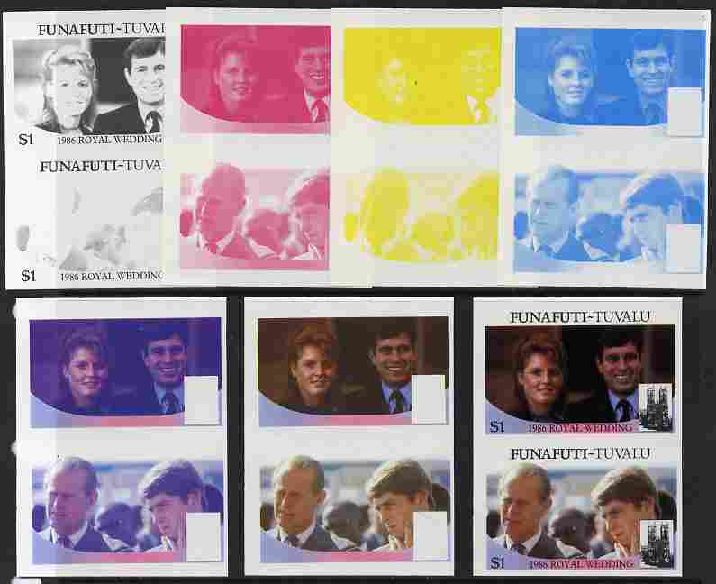 Tuvalu - Funafuti 1986 Royal Wedding (Andrew & Fergie) $1 set of 7 imperf progressive proofs comprising the 4 individual colours plus 2, 3 and all 4 colour composites unmounted mint (7 se-tenant proof pairs)