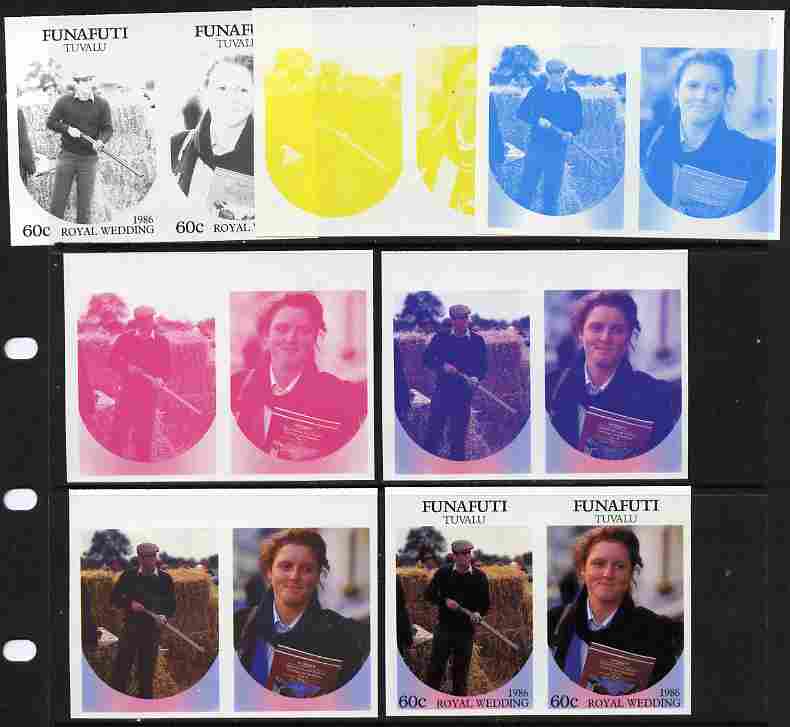 Tuvalu - Funafuti 1986 Royal Wedding (Andrew & Fergie) 60c set of 7 imperf progressive proofs comprising the 4 individual colours plus 2, 3 and all 4 colour composites unmounted mint (7 se-tenant proof pairs)