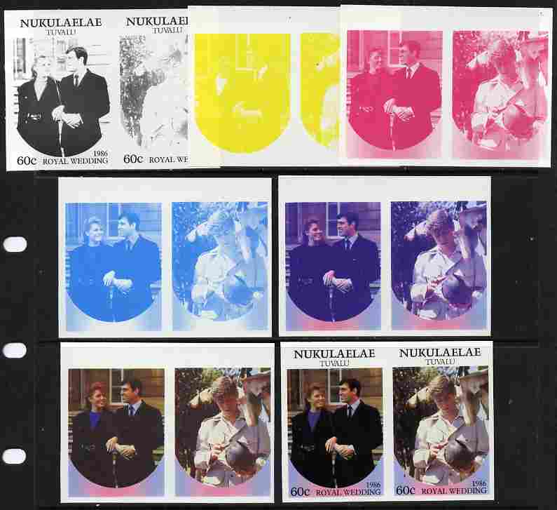 Tuvalu - Nukulaelae 1986 Royal Wedding (Andrew & Fergie) 60c set of 7 imperf progressive proofs comprising the 4 individual colours plus 2, 3 and all 4 colour composites unmounted mint (7 se-tenant proof pairs)