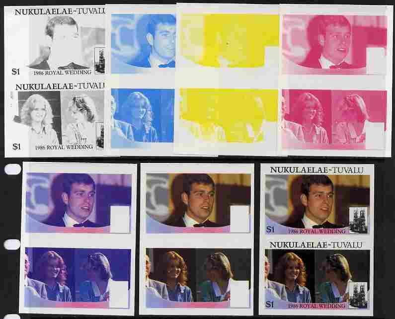 Tuvalu - Nukulaelae 1986 Royal Wedding (Andrew & Fergie) $1 set of 7 imperf progressive proofs comprising the 4 individual colours plus 2, 3 and all 4 colour composites unmounted mint (7 se-tenant proof pairs)