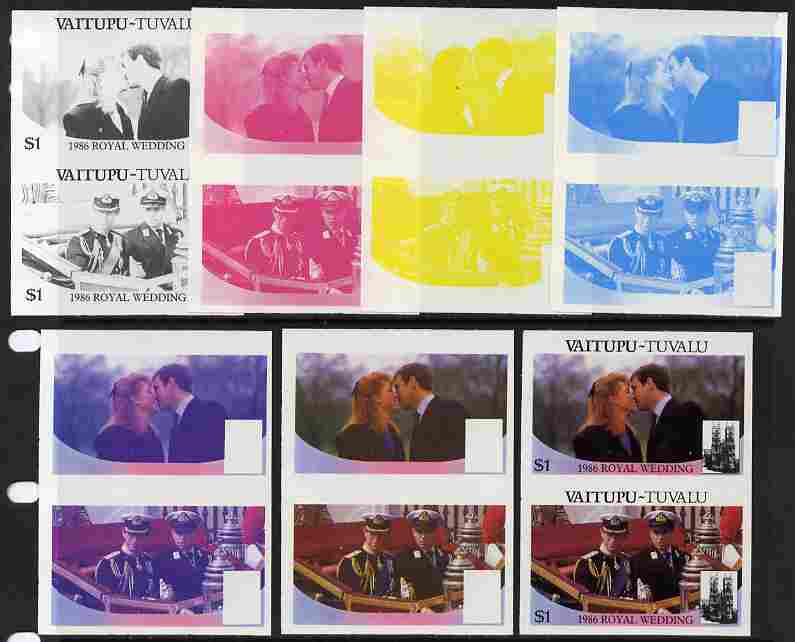 Tuvalu - Vaitupu 1986 Royal Wedding (Andrew & Fergie) $1 set of 7 imperf progressive proofs comprising the 4 individual colours plus 2, 3 and all 4 colour composites unmounted mint (7 se-tenant proof pairs)