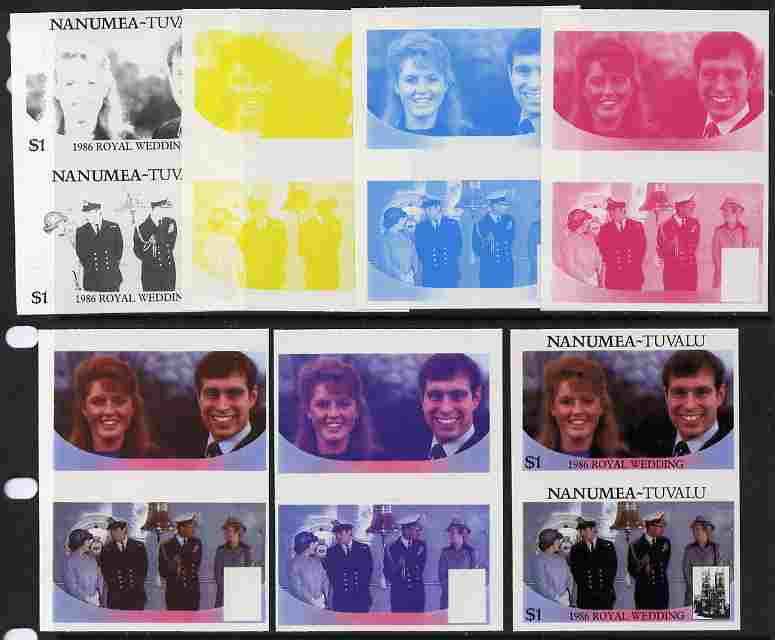 Tuvalu - Nanumea 1986 Royal Wedding (Andrew & Fergie) $1 set of 7 imperf progressive proofs comprising the 4 individual colours plus 2, 3 and all 4 colour composites unmounted mint (7 se-tenant proof pairs)