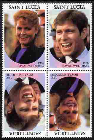 St Lucia 1986 Royal Wedding (Andrew & Fergie) 80c perforated tete-beche se-tenant block of 4 with face value omitted unmounted mint 