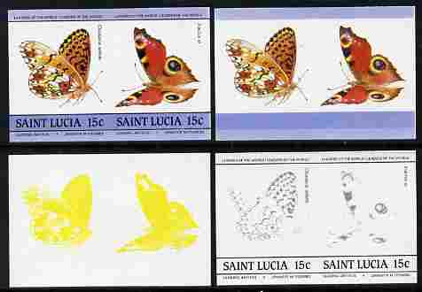 St Lucia 1985 Butterflies (Leaders of the World) 15c se-tenant pair - the set of 4 imperf progressive proofs comprising 2 individual colours plus,3 and all 4-colour composite, unmounted mint as SG 781a