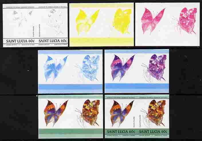 St Lucia 1985 Butterflies (Leaders of the World) 60c se-tenant pair - the set of 7 imperf progressive proofs comprising the 4 individual colours plus 2, 3 and all 4-colour composite, unmounted mint as SG 785a