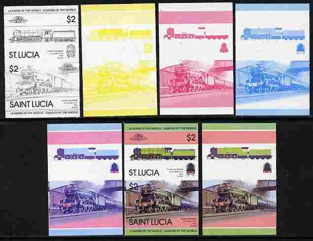 St Lucia 1983 Locomotives #1 (Leaders of the World) $2 Flying Scotsman se-tenant pair - the set of 7 imperf progressive proofs comprising the 4 individual colours plus 2, 3 and all 4-colour composite, unmounted mint as SG 663a