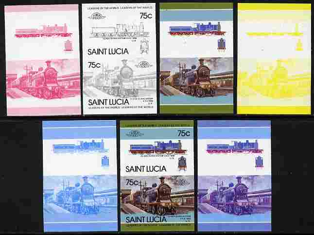 St Lucia 1985 Locomotives #4 (Leaders of the World) 75c 'Dunalastair 4-4-0' se-tenant pair - the set of 7 imperf progressive proofs comprising the 4 individual colours plus 2, 3 and all 4-colour composite, unmounted mint as SG 828a
