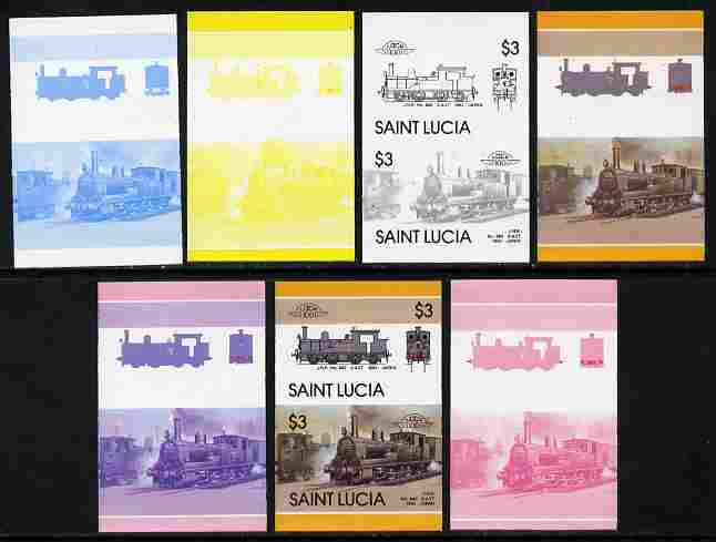 St Lucia 1986 Locomotives #5 (Leaders of the World) $3 2-4-2T JNR No.860 se-tenant pair - the set of 7 imperf progressive proofs comprising the 4 individual colours plus 2, 3 and all 4-colour composite, unmounted mint as SG 872a