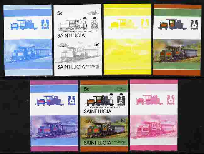 St Lucia 1986 Locomotives #5 (Leaders of the World) 5c Rack Loco Tip-Top se-tenant pair - the set of 7 imperf progressive proofs comprising the 4 individual colours plus 2, 3 and all 4-colour composite, unmounted mint as SG 858a