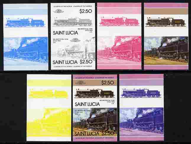 St Lucia 1985 Locomotives #4 (Leaders of the World) $2.50 'Big Bertha 0-10-0' se-tenant pair - the set of 7 imperf progressive proofs comprising the 4 individual colours plus 2, 3 and all 4-colour composite, unmounted mint as SG 830a