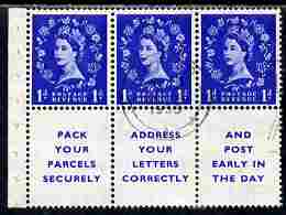 GB Great Britain 1952-54 Wilding 1d ultramarine Tudor Crown booklet pane of 6 (3 stamps plus Pack Your Parcels Securely) with inverted watermark fine used with good perfs (reinforced) SG spec SB25a
