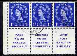 GB Great Britain 1955-58 Wilding 1d ultramarine Edward Crown booklet pane of 6 (3 stamps plus Pack Your Parcels Securely) with upright watermark fine used with good perfs (reinforced) SG spec SB29