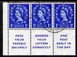 GB Great Britain 1955-58 Wilding 1d ultramarine Edward Crown booklet pane of 6 (3 stamps plus Pack Your Parcels Securely) with inverted watermark fine used with good perfs SG spec SB29a
