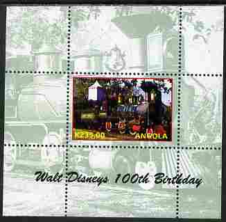 Angola 2001 Walt Disney Railraod #02 individual perf sheet with country name & value in yellow, background in green, inscribed Walt Disney's 100th Birthday unmounted mint 