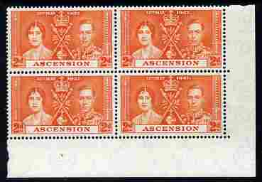 Ascension 1937 KG6 Coronation 2d corner plate block of 4 (plate 1) unmounted mint (Coronation plate blocks are rare) SG 36