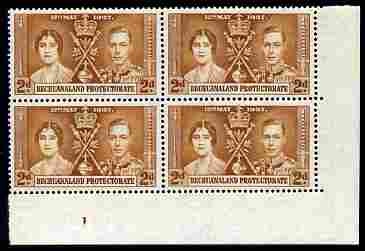Bechuanaland 1937 KG6 Coronation 2d corner plate block of 4 (plate 1) unmounted mint (Coronation plate blocks are rare) SG 116