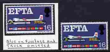 GB Great Britain 1967 EFTA 1s6d (phosphor) with blue-grey omitted (fusalage & trucks) mounted mint plus normal (formerly in the Lady Mairi Bury Collection) SG 716pd