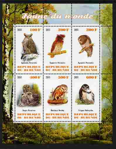 Burundi 2011 Fauna of the World - Owls perf sheetlet containing 6 values unmounted mint