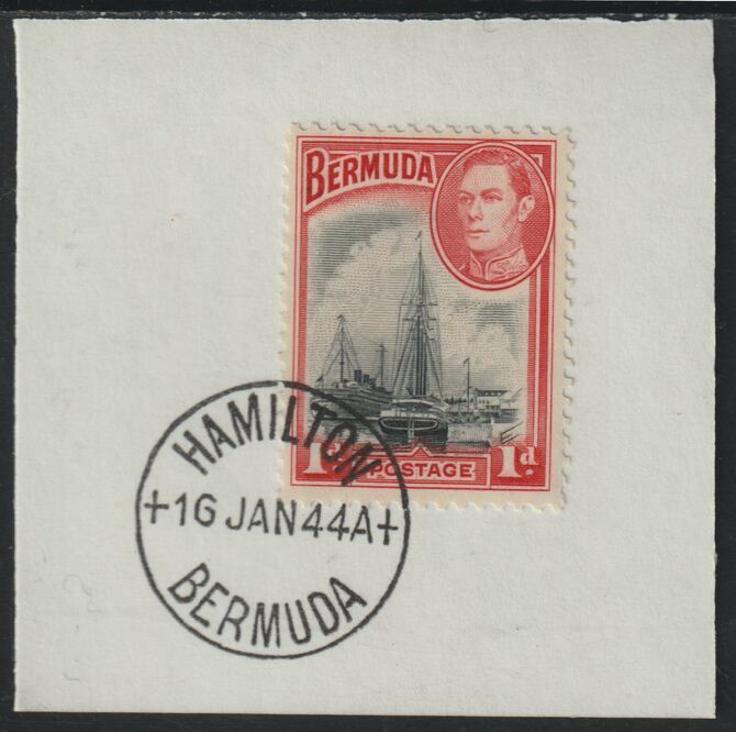 Bermuda 1938 KG6 1d black & red on piece cancelled with full strike of Madame Joseph forged postmark type 64