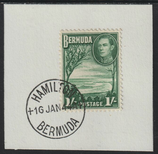 Bermuda 1938 KG6 1s green on piece cancelled with full strike of Madame Joseph forged postmark type 64